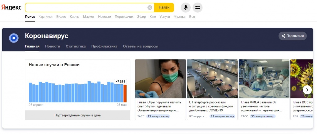 Блок о пандемии в поиске Яндекса